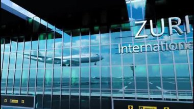 Şehre inen uçak, şehre varan cam havaalanı terminali ve jet uçağının yansıması..