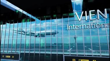 Şehre inen uçak, şehre varan cam havaalanı terminali ve jet uçağının yansıması..