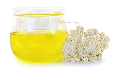 Taze bitki örtüsü çaylı cam bardak ve beyaz arka planda izole edilmiş beyaz kiraz çiçeği doğal tıp ve bitkisel ilaç konsepti..