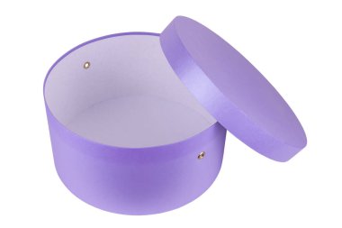 Yuvarlak, mor bir hediye kutusu ve beyaz bir arka planı var.