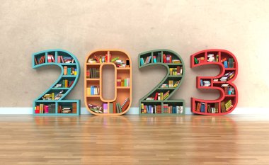 Kitap Rafı ile Yeni Yıl 2023 Yaratıcı Tasarım Konsepti - 3D Yapılandırılmış Resim