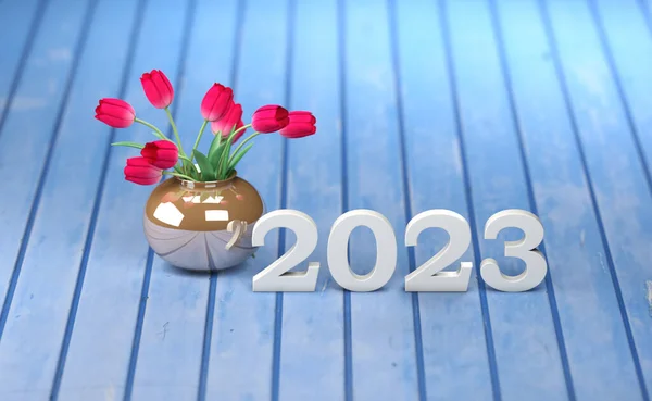 Ano Novo 2023 Conceito Design Criativo Com Flor Imagem Renderizada — Fotografia de Stock