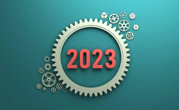 Ano Novo 2023 Conceito Design Criativo Com Engrenagens Imagem Renderizada — Fotografia de Stock