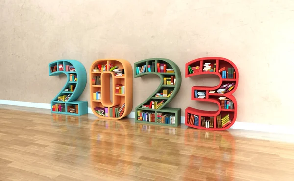 図書棚付きの2023年のクリエイティブデザインコンセプト 3Dレンダリング画像 — ストック写真