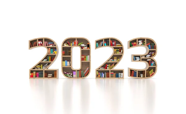 Año Nuevo 2023 Concepto Diseño Creativo Con Estante Libros Imagen Imagen De Stock