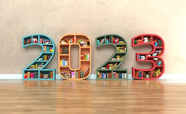 Neues Jahr 2023 Kreatives Gestaltungskonzept Mit Bücherregal Gerendertes Bild Stockfoto