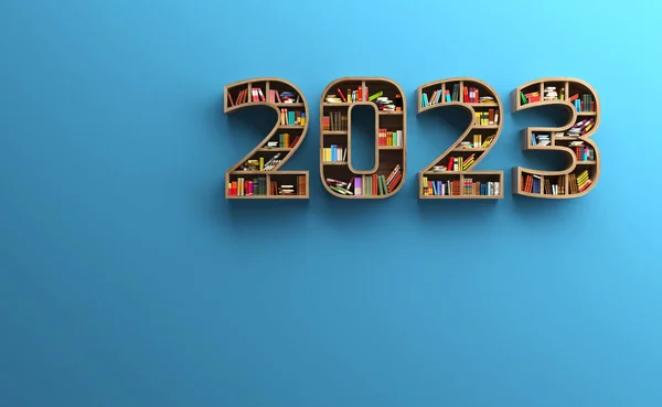Neues Jahr 2023 Kreatives Gestaltungskonzept Mit Bücherregal Gerendertes Bild Stockbild