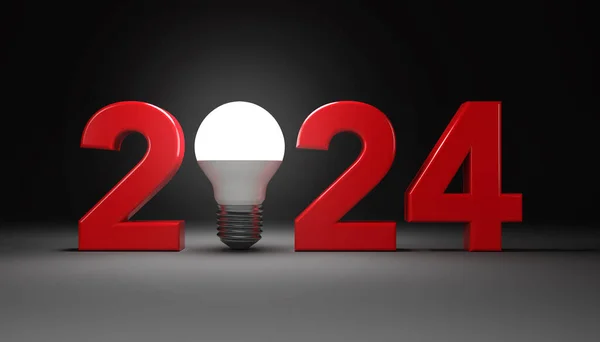 Nowy Rok 2024 Creative Design Concept Żarówką Led Obraz Renderowany — Zdjęcie stockowe