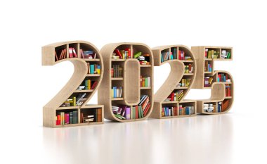 New Year 2025 Creative Design Concept with Book Shelf - 3D Rendered Image clipart