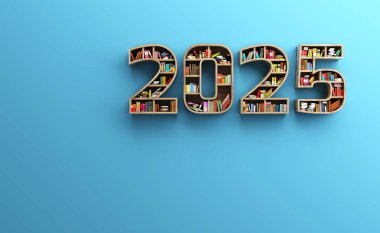 Kitap Rafı ile Yeni Yıl 2025 Yaratıcı Tasarım Konsepti - 3B Hazırlanmış Resim