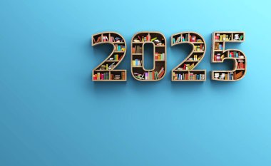 New Year 2025 Creative Design Concept with Book Shelf - 3D Rendered Image clipart