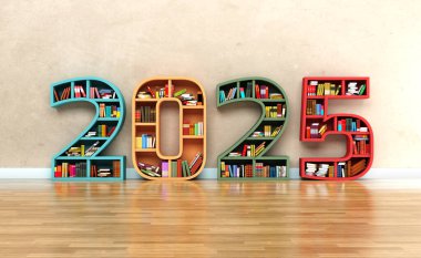 Kitap Rafı ile Yeni Yıl 2025 Yaratıcı Tasarım Konsepti - 3B Hazırlanmış Resim