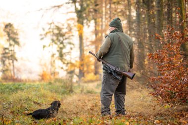 Hunter or ranger with a professional, nightvision hunting gun and hunting form to hunt in an autumn forest, hunting concept