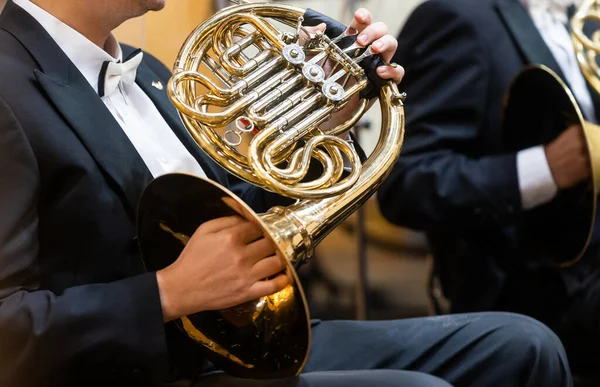 French horn instrument, hands playing horn player in the philharmonic orchestra