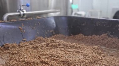 Bira fabrikasında bira demledikten sonra taze, sıcak arta kalan maltı kapat, bira demleme konsepti.