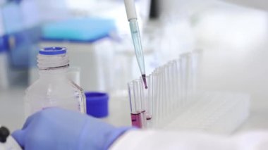 Genç bilim adamı ya da tıbbi teknisyen cam şişede yeni eczane ilaçları geliştiriyor. Klinik bir laboratuvarda, ilaç araştırmaları ve araştırma konseptinde.