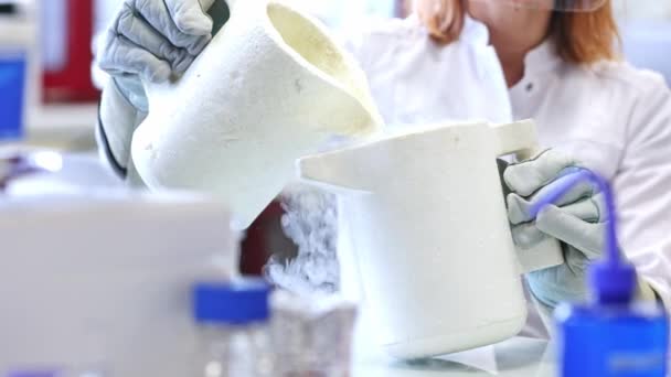 Laboratory Technician Doing Lab Research Liquid Nitrogen Lab Experiment Chemistry — Stock Video