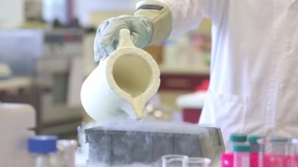 Jovem Pesquisador Laboratório Fazendo Pesquisa Laboratório Com Nitrogênio Líquido Ativo — Vídeo de Stock