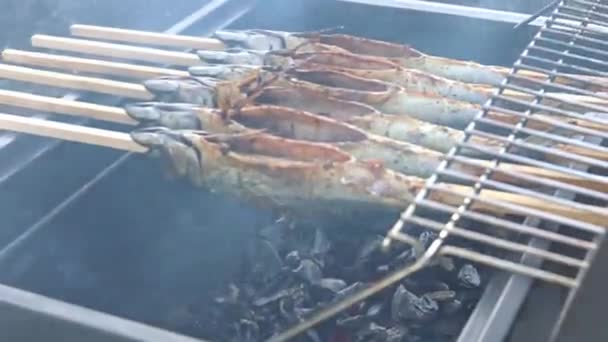 Grillowana Marynowana Makrela Różnymi Przyprawami Grillu Węglem Koncepcja Potraw Rybnych — Wideo stockowe