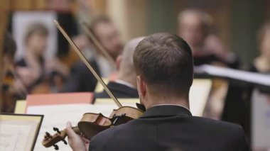 Konser sırasında orkestrada çalan profesyonel kemancı.