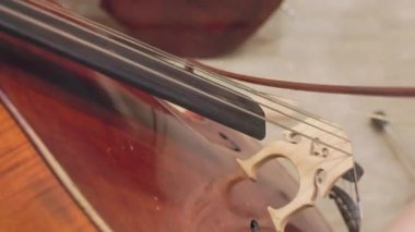 Luthier çift bas üzerinde köprü eğriliğini ayarlıyor, sicim yüksekliğini kontrol ediyor
