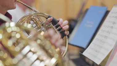 Müzik notalarını takip eden Fransız kornosu çalan müzisyenlerin yakın çekimi