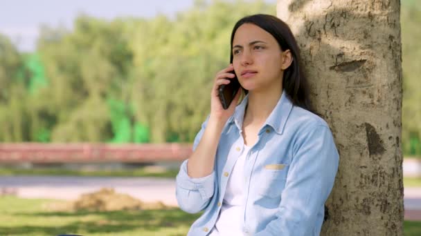 Σοβαρή Ινδική Μιλάμε Για Κάποιον Στο Κινητό Τηλέφωνο Ένα Πάρκο — Αρχείο Βίντεο