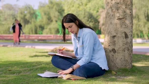 Indian School College Girl Preparing Exams Reading Books Preparing Notes — Stock Video