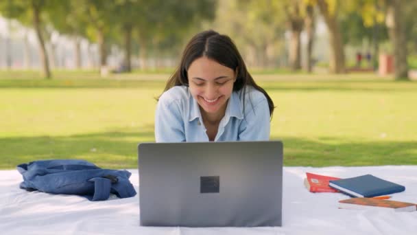 Happy Indian Girl Working Laptop Park — Vídeo de Stock