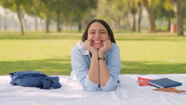 Happy Indian Girl Lying Park — Wideo stockowe