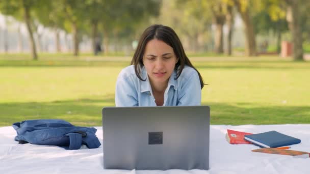 Indian Employee Girl Working Laptop Park — Stock video
