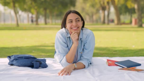 Thoughtful Intelligent Indian Girl Smiling Park Daylight — Stock Video