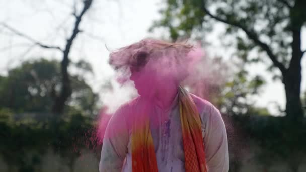 Indian Man Holi Colors Hair Shaking His Head — Stockvideo