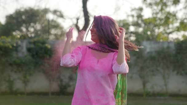 Indian Woman Enjoying Holi Party — Stock videók
