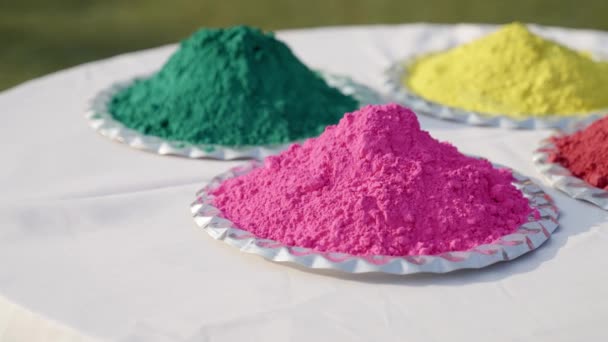 Χρώματα Holi Διαφορετικά Πιάτα — Αρχείο Βίντεο