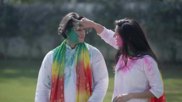 Cute Indian Couple Holi Party — Stockvideo