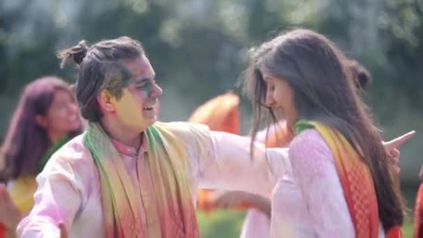 Indian Couple Dancing Holi Party Park — Stockvideo