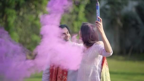 Romantic Indian Couple Enjoying Holi Festival — Stock Video