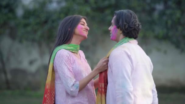 Indian Couple Laughing Giggling Holi Party — Stock Video