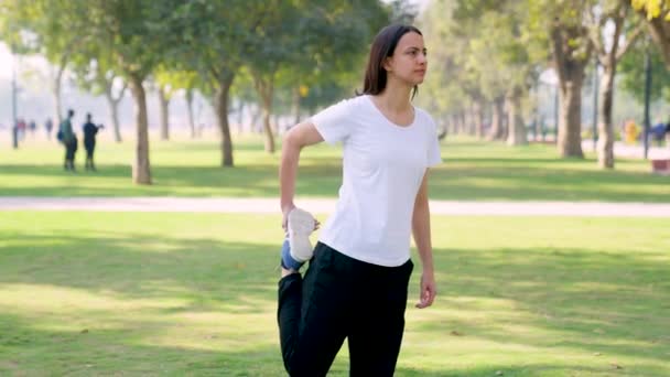 インド人の女の子ストレッチ足とウォーミングアップ彼女の体で公園で朝 — ストック動画