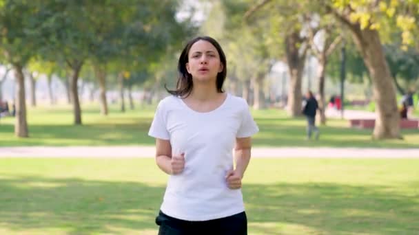 Indian Girl Jogging Same Spot Exercising Park Morning — Wideo stockowe