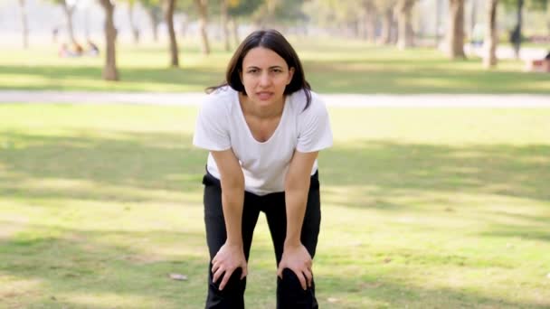 Woman Taking Long Breaths Workout Park Morning — Video Stock