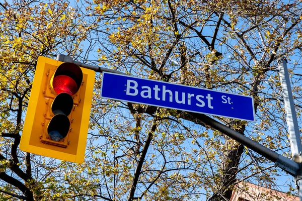 カナダ トロント 2020年11月14日 カナダのトロントのダウンタウンで交通信号が表示されるバースストリートの看板 バーススト ストリートはトロントの北南部の主要な道路である — ストック写真