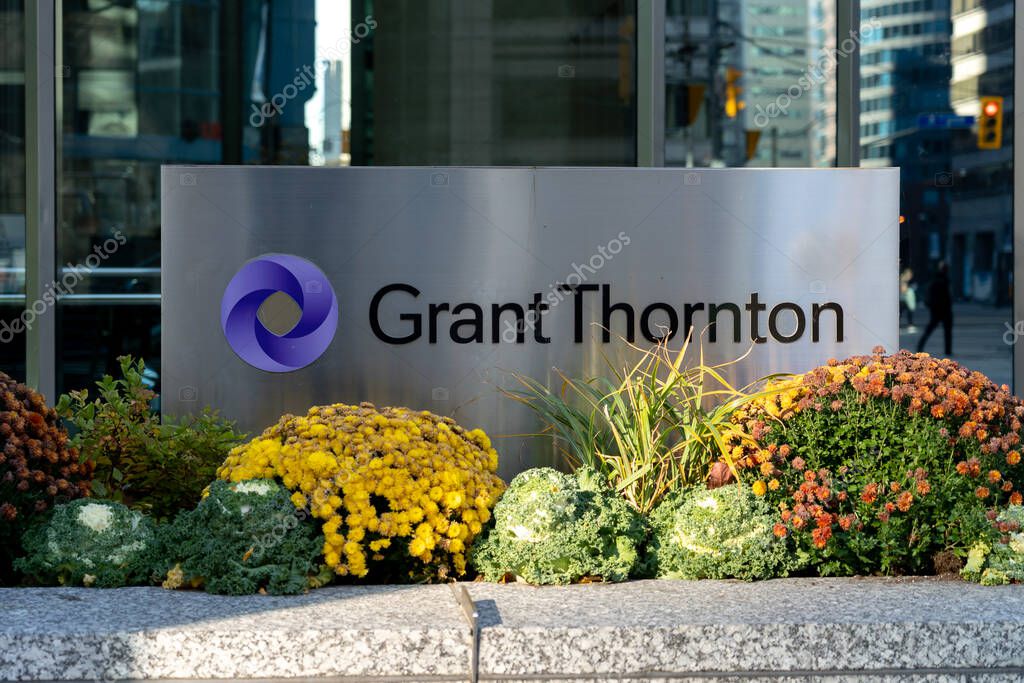 Toronto, Canada - November 9, 2020: Grant Thornton LLP sign outside the head office building in Toronto, Canada. Grant Thornton LLP is a Canadian accounting and business advisory firm.