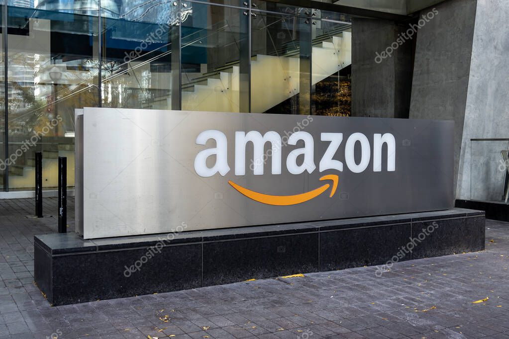 Toronto, Canada-July 2, 2018: Amazon sign at head office of Amazon Canada Fulfillment Services Inc in Toronto, an American electronic commerce and cloud computing company.