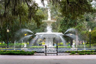 Savannah, Georgia, ABD - 19 Ocak 2020: Savannah, Georgia, ABD 'deki Forsyth Park Fountain,