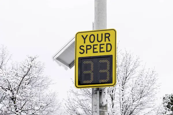 Radar Speed Sign Snow Covered Trees Background — Stock Photo, Image