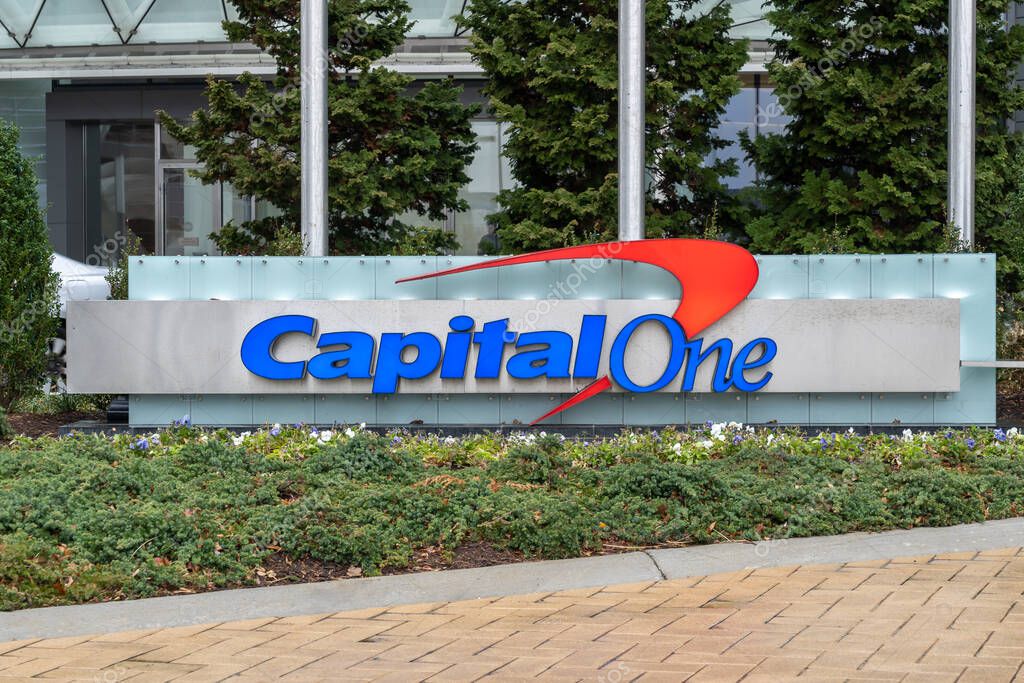 Washington, DC, USA- January 14, 2020: Capital one ground is seen sign at Tysons Headquarters office building. Capital One Financial Corporation is an American bank holding company.