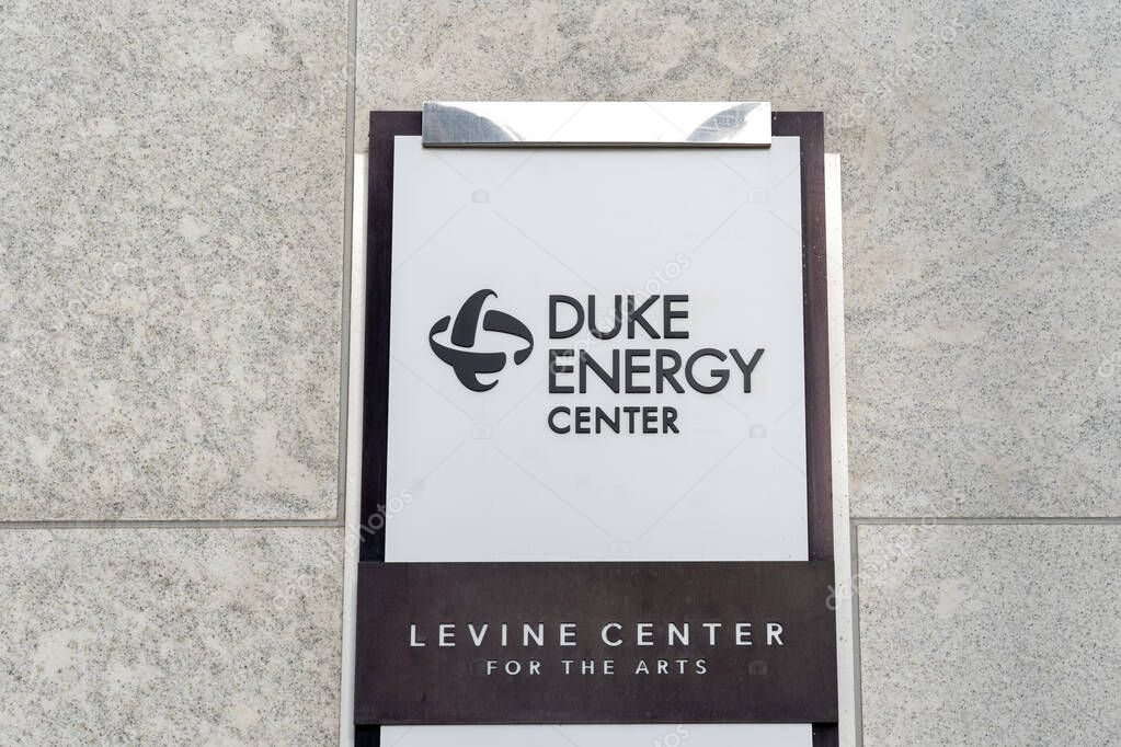 Charlotte, North Carolina, USA - January 15, 2020: Sign of Duke Energy Center on the wall at their headquarters in Charlotte, USA. Duke Energy Corporation is an American electric power holding company