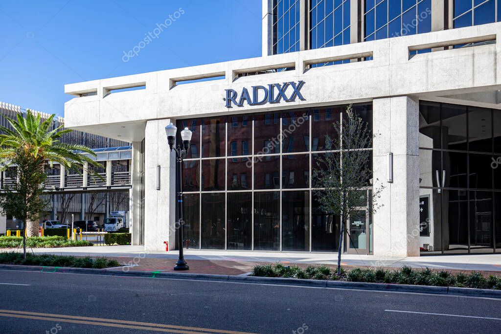 Orlando, Florida, USA - January 20, 2020: Radixx sign on the building of their headquarters in Orlando, Florida, USA. Radixx is an American Software company offers Internet Booking Engine.